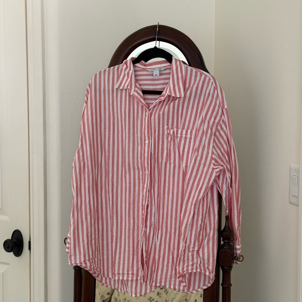 Washed Red and White Striped Casual Button-Down Shirt